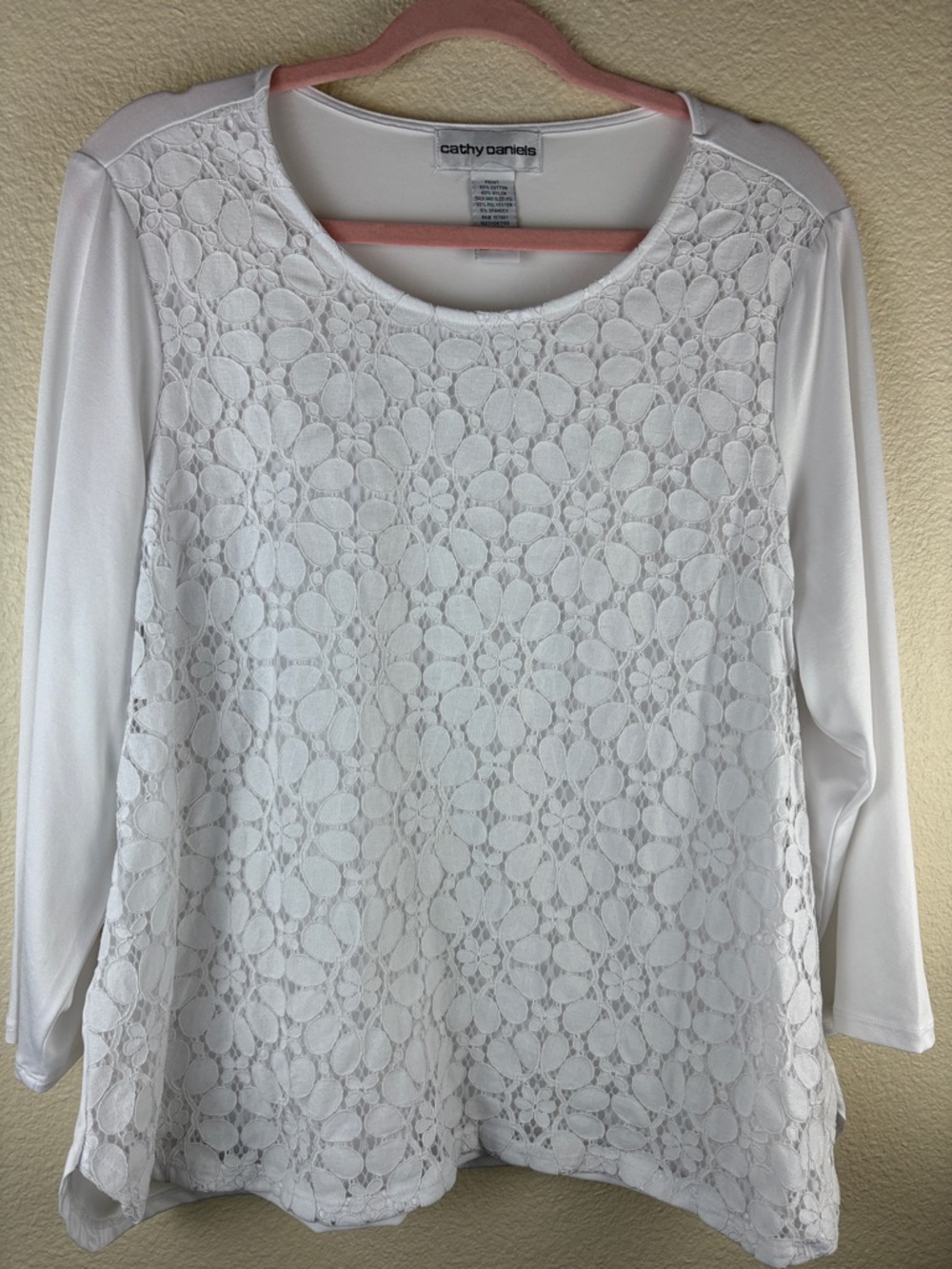 Cathy Daniels White Top Floral Lace Front Overlay 3/4 Sleeves Pullover Size XL